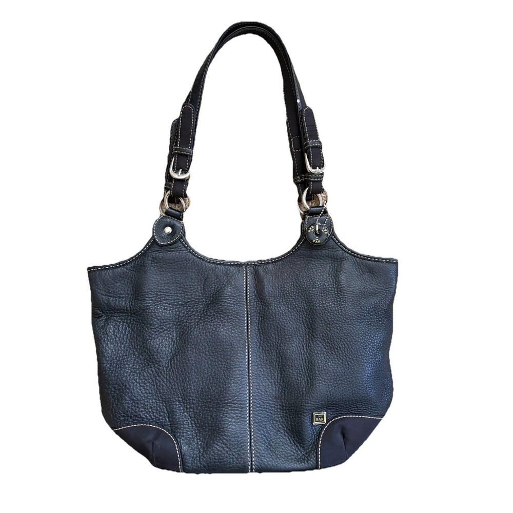 The Sak Black Pebbled Leather Shoulder Bag Buckles Silver Hardware Stitching